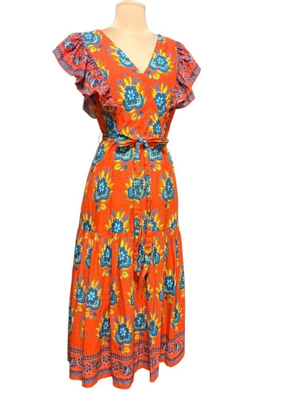 Kopal Floral Maxi Boho Dress Small Orange Blue Multi Tiered Ruffle Peasant